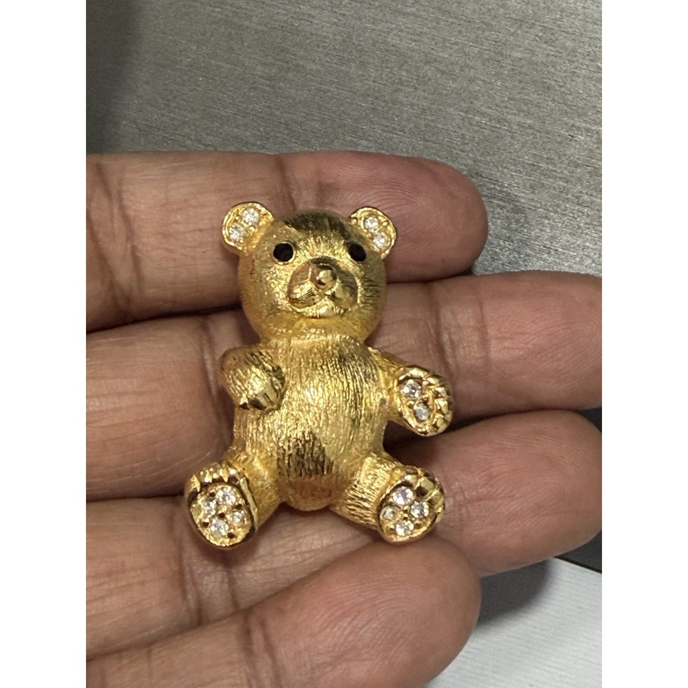 Textured Gold Tone Teddy Bear Brooch Clear Black Rhinestone on Ears Paws VTG